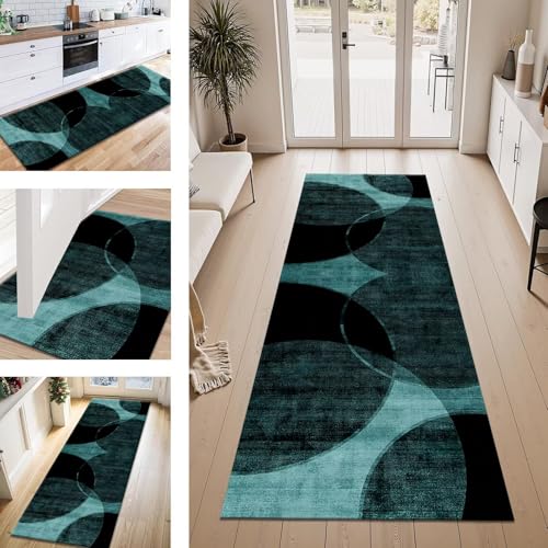 Teppich Läufer Flur Küche rutschfest Cyan Schwarz 3D Teppichläufer Kücheläufer Waschbar 50X100CM Meterware Küchenteppich Läuferflurteppich für Wohnraum Schlafzimmer Kinderzimmer Schmutzfangläufer von ZESEWU
