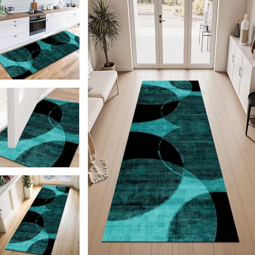 Teppich Läufer Flur Küche rutschfest Cyan Schwarz Abstrakt Teppichläufer Kücheläufer Waschbar 50X450CM Meterware Küchenteppich Läuferflurteppich Wohnraum Schlafzimmer Kinderzimmer Schmutzfangläufer von ZESEWU