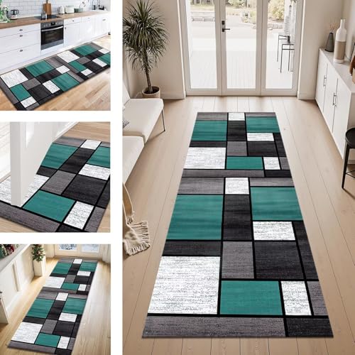 Teppich Läufer Flur Küche rutschfest Cyan Schwarz modern Teppichläufer Kücheläufer Waschbar 60X90CM Meterware Küchenteppich Läuferflurteppich für Wohnraum Schlafzimmer Kinderzimmer Schmutzfangläufer von ZESEWU