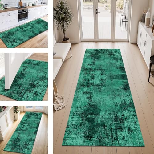 Teppich Läufer Flur Küche rutschfest Grün Schwarz Teppichläufer Kücheläufer Waschbar 100X400CM Meterware Küchenteppich Läuferflurteppich für Wohnraum Schlafzimmer Kinderzimmer Schmutzfangläufer von ZESEWU