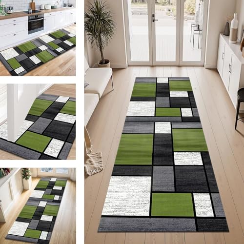 Teppich Läufer Flur Küche rutschfest Grün Schwarz modern Teppichläufer Kücheläufer Waschbar 50X180CM Meterware Küchenteppich Läuferflurteppich für Wohnraum Schlafzimmer Kinderzimmer Schmutzfangläufer von ZESEWU