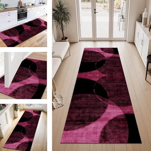 Teppich Läufer Flur Küche rutschfest Rosa Schwarz Abstrakt Teppichläufer Kücheläufer Waschbar 60X500CM Meterware Küchenteppich Läuferflurteppich Wohnraum Schlafzimmer Kinderzimmer Schmutzfangläufer von ZESEWU