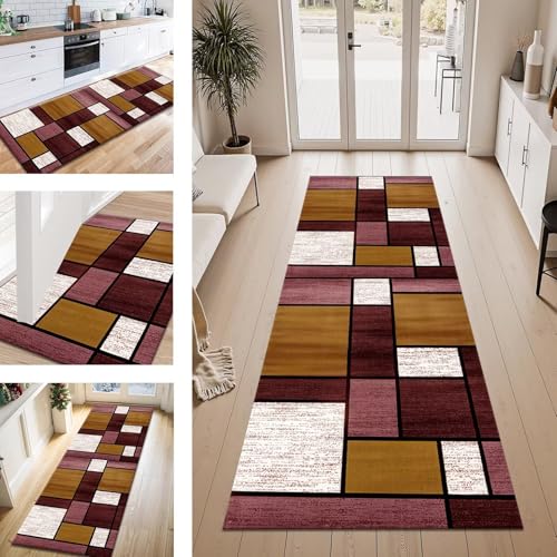 Teppich Läufer Flur Küche rutschfest Rot Braun modern Teppichläufer Kücheläufer Waschbar 120X200CM Meterware Küchenteppich Läuferflurteppich für Wohnraum Schlafzimmer Kinderzimmer Schmutzfangläufer von ZESEWU
