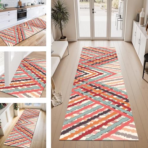Teppich Läufer Flur Küche rutschfest Rot Cyan Orange Teppichläufer Kücheläufer Waschbar 80X250CM Meterware Küchenteppich Läuferflurteppich für Wohnraum Schlafzimmer Kinderzimmer Schmutzfangläufer von ZESEWU