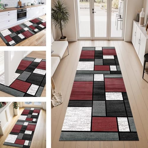 Teppich Läufer Flur Küche rutschfest Rot Schwarz Grau Teppichläufer Kücheläufer Waschbar 60X350CM Meterware Küchenteppich Läuferflurteppich für Wohnraum Schlafzimmer Kinderzimmer Schmutzfangläufer von ZESEWU