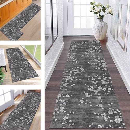 ZESEWU Teppich Läufer Flur Küche Waschbar rutschfest Korridor Teppichmatten 120X300CM Grau Schwarz Vintage Küchenteppich Flurteppich Schlafzimmer Esszimmer Polyester Teppichläufer Meterware Anpassbar von ZESEWU