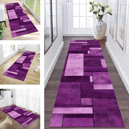 ZESEWU Teppich Läufer Flur Küche Waschbar rutschfest Korridor Teppichmatten 50X180CM Violett Geometrisch Küchenteppich Flurteppich Schlafzimmer Esszimmer Polyester Teppichläufer Meterware Anpassbar von ZESEWU