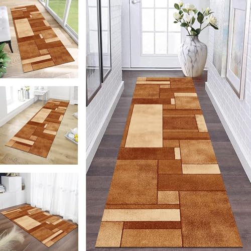 ZESEWU Teppich Läufer Flur Küche Waschbar rutschfest Korridor Teppichmatten 60X100CM Orange Geometrisch Küchenteppich Flurteppich Schlafzimmer Esszimmer Polyester Teppichläufer Meterware Anpassbar von ZESEWU