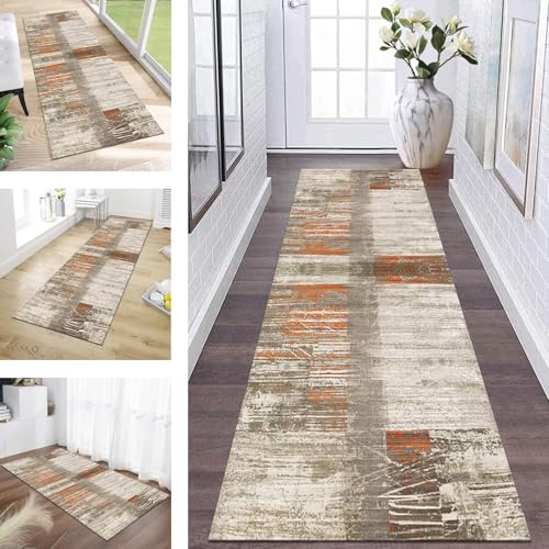 ZESEWU Teppich Läufer Flur Küche Waschbar rutschfest Korridor Teppichmatten 60X120CM Braun Orange Abstrakt Küchenteppich Flurteppich Schlafzimmer Esszimmer Polyester Teppichläufer Meterware Anpassbar von ZESEWU