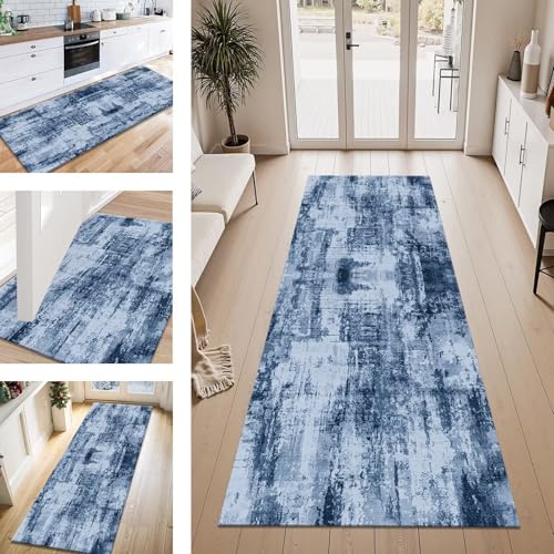 ZESEWU Teppich Läufer Flur Küche rutschfest Blau Abstrakt Teppichläufer Kücheläufer Waschbar 60X150CM Meterware Küchenteppich Flurteppich für Wohnraum Schlafzimmer Kinderzimmer Schmutzfangläufer von ZESEWU