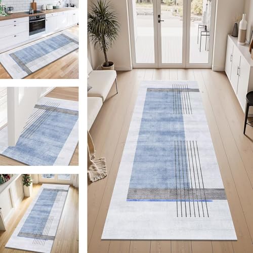 ZESEWU Teppich Läufer Flur Küche rutschfest Blau Grau Teppichläufer Kücheläufer Waschbar 70X150CM Meterware Küchenteppich Flurteppich für Wohnraum Schlafzimmer Kinderzimmer Schmutzfangläufer von ZESEWU