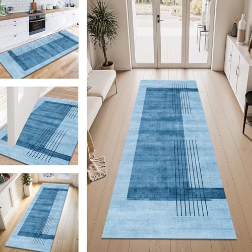 ZESEWU Teppich Läufer Flur Küche rutschfest Blau Schwarz Teppichläufer Kücheläufer Waschbar 120X350CM Meterware Küchenteppich Flurteppich für Wohnraum Schlafzimmer Kinderzimmer Schmutzfangläufer von ZESEWU