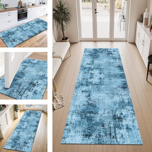 ZESEWU Teppich Läufer Flur Küche rutschfest Blau Schwarz Teppichläufer Kücheläufer Waschbar 60X300CM Meterware Küchenteppich Läuferflurteppich für Wohnraum Schlafzimmer Kinderzimmer Schmutzfangläufer von ZESEWU
