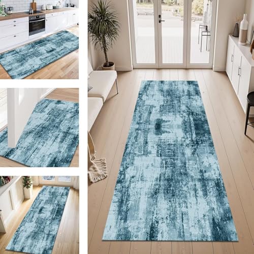 ZESEWU Teppich Läufer Flur Küche rutschfest Blau Vintage Teppichläufer Kücheläufer Waschbar 120X400CM Meterware Küchenteppich Flurteppich für Wohnraum Schlafzimmer Kinderzimmer Schmutzfangläufer von ZESEWU