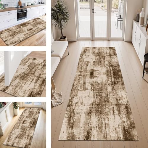 ZESEWU Teppich Läufer Flur Küche rutschfest Braun Abstrakt Teppichläufer Kücheläufer Waschbar 80X350CM Meterware Küchenteppich Flurteppich für Wohnraum Schlafzimmer Kinderzimmer Schmutzfangläufer von ZESEWU
