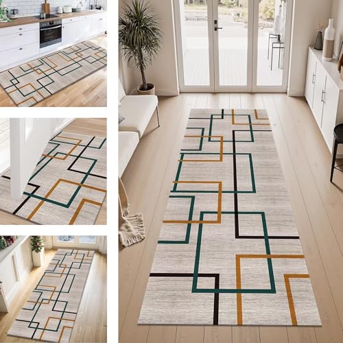ZESEWU Teppich Läufer Flur Küche rutschfest Braun Grün Teppichläufer Kücheläufer Waschbar 100X350CM Meterware Küchenteppich Flurteppich für Wohnraum Schlafzimmer Kinderzimmer Schmutzfangläufer von ZESEWU