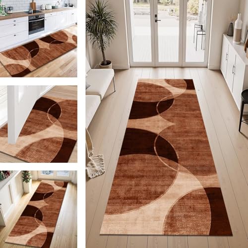 ZESEWU Teppich Läufer Flur Küche rutschfest Braun Rot Teppichläufer Kücheläufer Waschbar 90X250CM Meterware Küchenteppich Flurteppich Wohnraum Schlafzimmer Kinderzimmer Schmutzfangläufer von ZESEWU