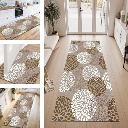 ZESEWU Teppich Läufer Flur Küche rutschfest Braun Weiß Teppichläufer Kücheläufer Waschbar 100X400CM Meterware Küchenteppich Flurteppich für Wohnraum Schlafzimmer Kinderzimmer Schmutzfangläufer von ZESEWU