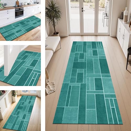 ZESEWU Teppich Läufer Flur Küche rutschfest Cyan Geometrisch Teppichläufer Kücheläufer Waschbar 40X100CM Meterware Küchenteppich Läuferflurteppich Wohnraum Schlafzimmer Kinderzimmer Schmutzfangläufer von ZESEWU