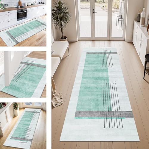 ZESEWU Teppich Läufer Flur Küche rutschfest Cyan Grün Grau Teppichläufer Kücheläufer Waschbar 70X250CM Meterware Küchenteppich Flurteppich für Wohnraum Schlafzimmer Kinderzimmer Schmutzfangläufer von ZESEWU