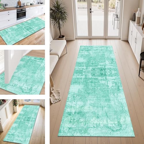 ZESEWU Teppich Läufer Flur Küche rutschfest Cyan Modern Teppichläufer Kücheläufer Waschbar 100X350CM Meterware Küchenteppich Läuferflurteppich für Wohnraum Schlafzimmer Kinderzimmer Schmutzfangläufer von ZESEWU