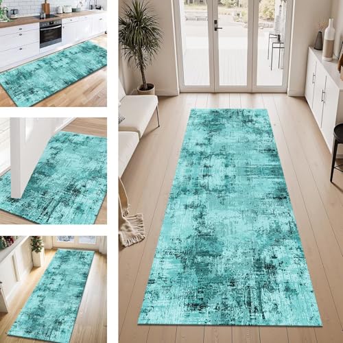 ZESEWU Teppich Läufer Flur Küche rutschfest Cyan Schwarz Teppichläufer Kücheläufer Waschbar 50X220CM Meterware Küchenteppich Läuferflurteppich für Wohnraum Schlafzimmer Kinderzimmer Schmutzfangläufer von ZESEWU
