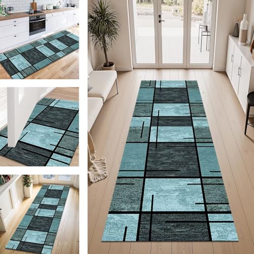 ZESEWU Teppich Läufer Flur Küche rutschfest Cyan Schwarz Teppichläufer Kücheläufer Waschbar 60X120CM Meterware Küchenteppich Läuferflurteppich für Wohnraum Schlafzimmer Kinderzimmer Schmutzfangläufer von ZESEWU