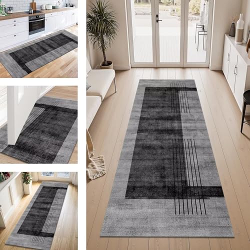 ZESEWU Teppich Läufer Flur Küche rutschfest Dunkelgrau Schwarz Teppichläufer Kücheläufer Waschbar 70X100CM Meterware Küchenteppich Flurteppich für Wohnraum Schlafzimmer Kinderzimmer Schmutzfangläufer von ZESEWU