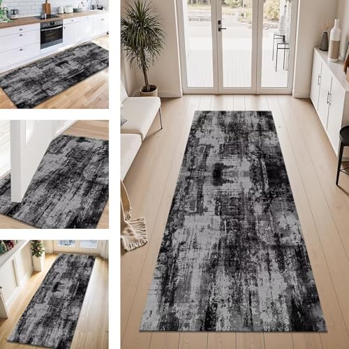 ZESEWU Teppich Läufer Flur Küche rutschfest Dunkelgrau Schwarz Teppichläufer Kücheläufer Waschbar 80X150CM Meterware Küchenteppich Flurteppich für Wohnraum Schlafzimmer Kinderzimmer Schmutzfangläufer von ZESEWU