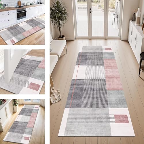 ZESEWU Teppich Läufer Flur Küche rutschfest Grau Rot Teppichläufer Kücheläufer Waschbar 100X200CM Meterware Küchenteppich Flurteppich für Wohnraum Schlafzimmer Kinderzimmer Schmutzfangläufer von ZESEWU