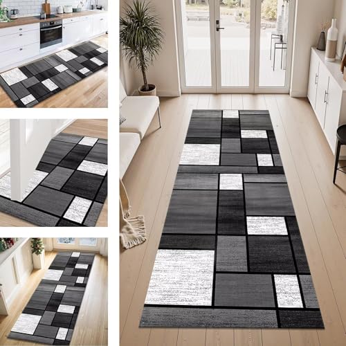 ZESEWU Teppich Läufer Flur Küche rutschfest Grau Schwarz Teppichläufer Kücheläufer Waschbar 100X400CM Meterware Küchenteppich Flurteppich für Wohnraum Schlafzimmer Kinderzimmer Schmutzfangläufer von ZESEWU