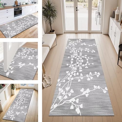 ZESEWU Teppich Läufer Flur Küche rutschfest Grau Weiß Vintage Teppichläufer Kücheläufer Waschbar 120X400CM Meterware Küchenteppich Flurteppich für Wohnraum Schlafzimmer Kinderzimmer Schmutzfangläufer von ZESEWU