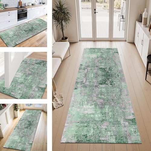 ZESEWU Teppich Läufer Flur Küche rutschfest Grün Grau Teppichläufer Kücheläufer Waschbar 60X90CM Meterware Küchenteppich Flurteppich für Wohnraum Schlafzimmer Kinderzimmer Schmutzfangläufer von ZESEWU