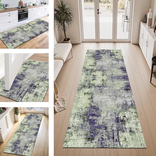 ZESEWU Teppich Läufer Flur Küche rutschfest Grün Violett Grau Teppichläufer Kücheläufer Waschbar 70X400CM Meterware Küchenteppich Flurteppich für Wohnraum Schlafzimmer Kinderzimmer Schmutzfangläufer von ZESEWU