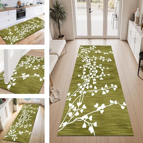 ZESEWU Teppich Läufer Flur Küche rutschfest Grün Weiß Vintage Teppichläufer Kücheläufer Waschbar 60X350CM Meterware Küchenteppich Flurteppich für Wohnraum Schlafzimmer Kinderzimmer Schmutzfangläufer von ZESEWU