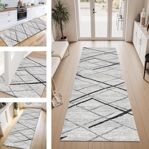 ZESEWU Teppich Läufer Flur Küche rutschfest Hellgrau Schwarz Teppichläufer Kücheläufer Waschbar 120X300CM Meterware Küchenteppich Flurteppich für Wohnraum Schlafzimmer Kinderzimmer Schmutzfangläufer von ZESEWU