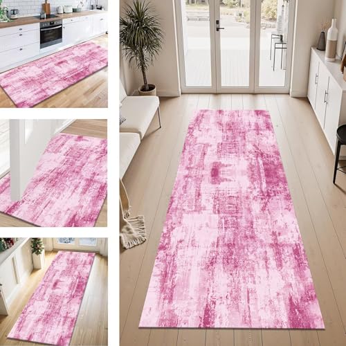 ZESEWU Teppich Läufer Flur Küche rutschfest Hellrosa Abstrakt Teppichläufer Kücheläufer Waschbar 50X80CM Meterware Küchenteppich Flurteppich für Wohnraum Schlafzimmer Kinderzimmer Schmutzfangläufer von ZESEWU