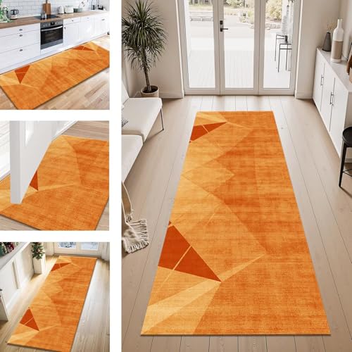 ZESEWU Teppich Läufer Flur Küche rutschfest Orange Braun Teppichläufer Kücheläufer Waschbar 120X400CM Meterware Küchenteppich Flurteppich für Wohnraum Schlafzimmer Kinderzimmer Schmutzfangläufer von ZESEWU