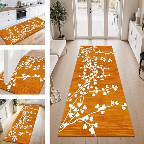 ZESEWU Teppich Läufer Flur Küche rutschfest Orange Braun Teppichläufer Kücheläufer Waschbar 60X100CM Meterware Küchenteppich Flurteppich für Wohnraum Schlafzimmer Kinderzimmer Schmutzfangläufer von ZESEWU