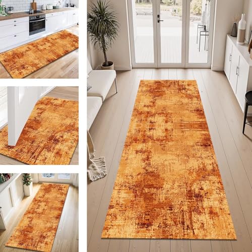 ZESEWU Teppich Läufer Flur Küche rutschfest Orange Rot Teppichläufer Kücheläufer Waschbar 50X120CM Meterware Küchenteppich Läuferflurteppich für Wohnraum Schlafzimmer Kinderzimmer Schmutzfangläufer von ZESEWU