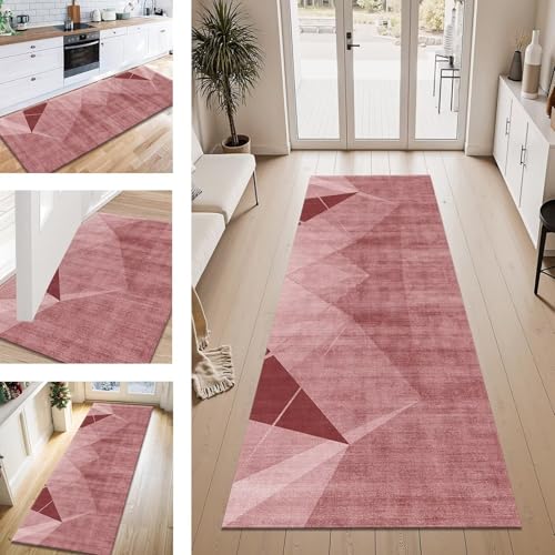 ZESEWU Teppich Läufer Flur Küche rutschfest Rot Abstrakt Teppichläufer Kücheläufer Waschbar 120X400CM Meterware Küchenteppich Flurteppich für Wohnraum Schlafzimmer Kinderzimmer Schmutzfangläufer von ZESEWU
