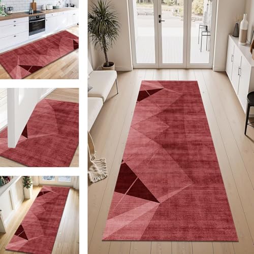 ZESEWU Teppich Läufer Flur Küche rutschfest Rot Abstrakt Teppichläufer Kücheläufer Waschbar 70X300CM Meterware Küchenteppich Flurteppich für Wohnraum Schlafzimmer Kinderzimmer Schmutzfangläufer von ZESEWU