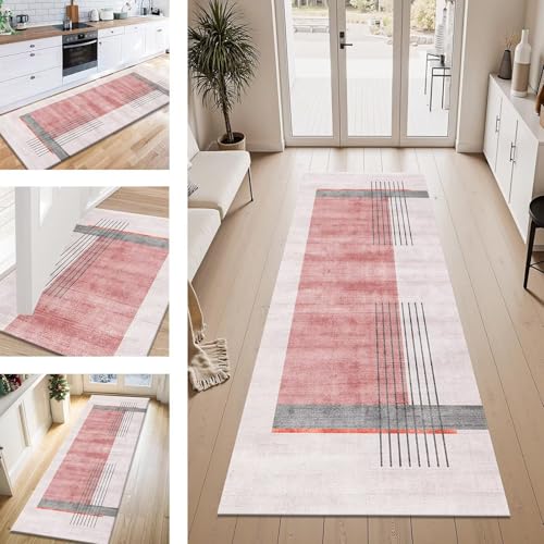 ZESEWU Teppich Läufer Flur Küche rutschfest Rot Grau Teppichläufer Kücheläufer Waschbar 50X80CM Meterware Küchenteppich Flurteppich für Wohnraum Schlafzimmer Kinderzimmer Schmutzfangläufer von ZESEWU