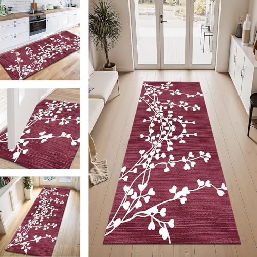 ZESEWU Teppich Läufer Flur Küche rutschfest Rot Rosa Vintage Teppichläufer Kücheläufer Waschbar 90X150CM Meterware Küchenteppich Flurteppich für Wohnraum Schlafzimmer Kinderzimmer Schmutzfangläufer von ZESEWU