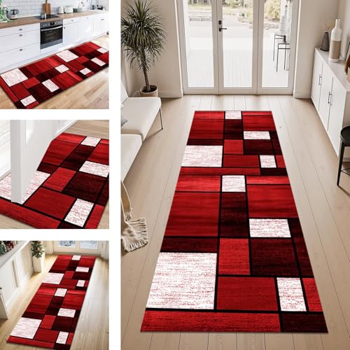 ZESEWU Teppich Läufer Flur Küche rutschfest Rot Schwarz Teppichläufer Kücheläufer Waschbar 50X200CM Meterware Küchenteppich Flurteppich für Wohnraum Schlafzimmer Kinderzimmer Schmutzfangläufer von ZESEWU