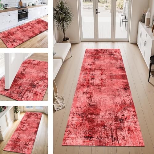 ZESEWU Teppich Läufer Flur Küche rutschfest Rot Schwarz Teppichläufer Kücheläufer Waschbar 90X100CM Meterware Küchenteppich Läuferflurteppich für Wohnraum Schlafzimmer Kinderzimmer Schmutzfangläufer von ZESEWU