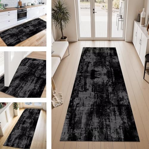 ZESEWU Teppich Läufer Flur Küche rutschfest Schwarz Dunkelgrau Teppichläufer Kücheläufer Waschbar 100X350CM Meterware Küchenteppich Flurteppich für Wohnraum Schlafzimmer Kinderzimmer Schmutzfangläufer von ZESEWU