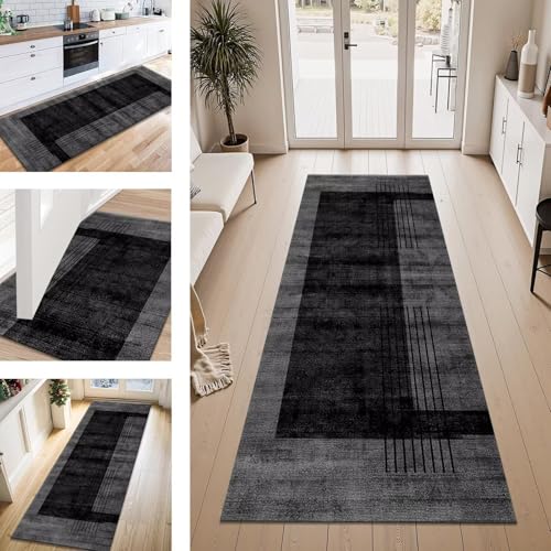 ZESEWU Teppich Läufer Flur Küche rutschfest Schwarz Dunkelgrau Teppichläufer Kücheläufer Waschbar 90X100CM Meterware Küchenteppich Flurteppich für Wohnraum Schlafzimmer Kinderzimmer Schmutzfangläufer von ZESEWU