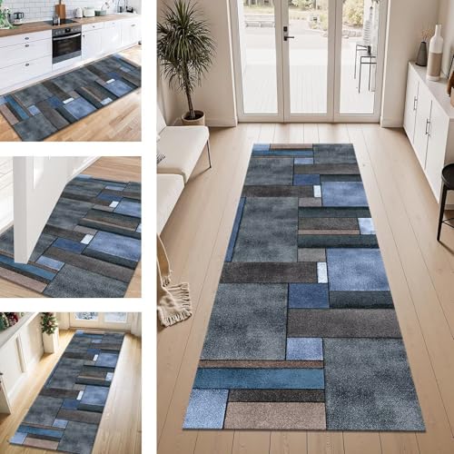 ZESEWU Teppich Läufer Flur Küche rutschfest Blau Grau Schwarz Teppichläufer Kücheläufer Waschbar 80X500CM Meterware Küchenteppich Flurteppich für Wohnraum Schlafzimmer Kinderzimmer Schmutzfangläufer von ZESEWU
