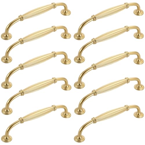 ZESLIV 10 Stück Goldene Möbelgriffe, Küchen Schrankgriffe aus Aluminium, Bohrlochabstand 128mm, Küchengriffe Schubladengriff für Kleiderschrank Möbel von ZESLIV